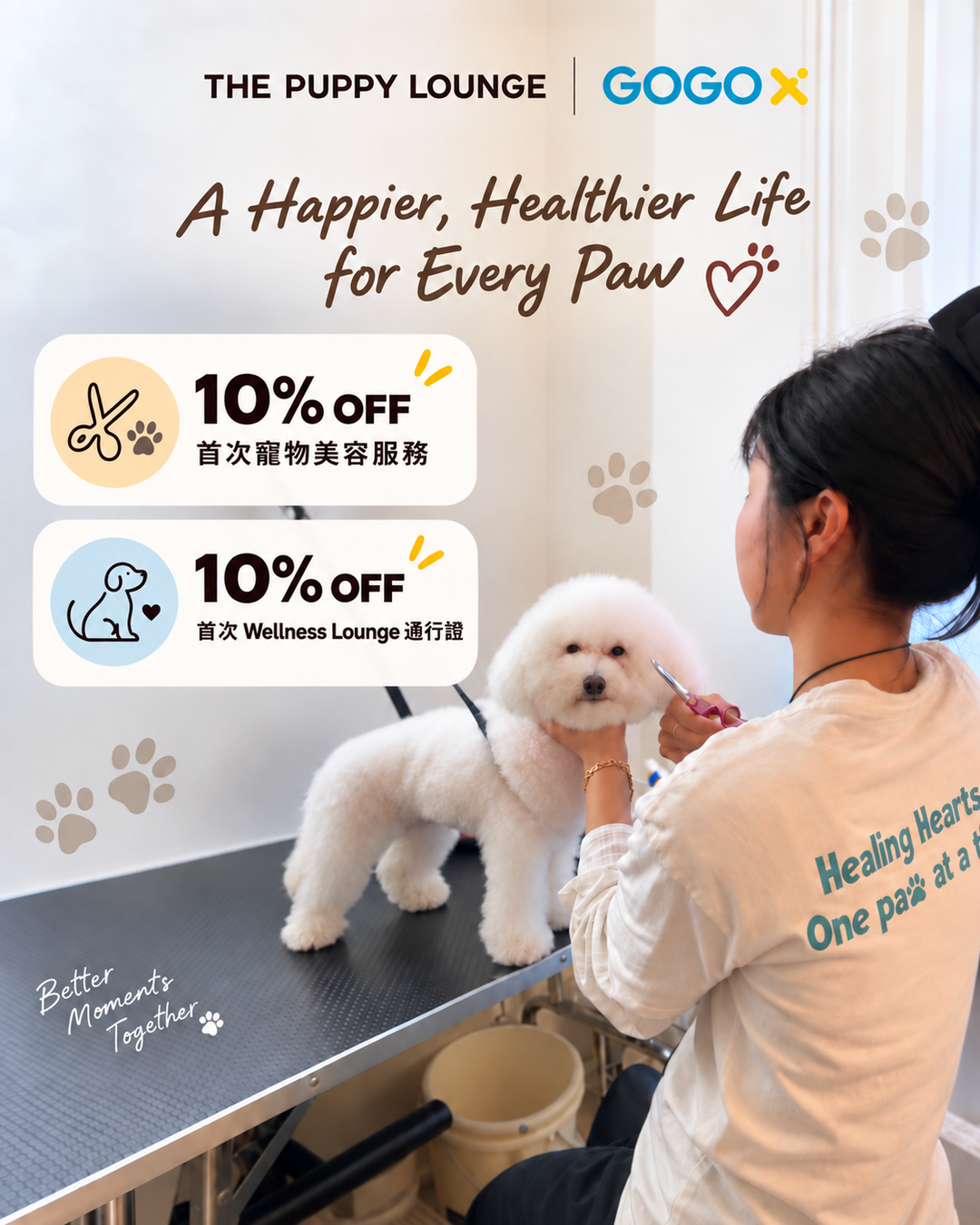 THE PUPPY LOUNGE x GoGoX 寵物生活圈優惠：首次寵物美容服務及首次 Wellness Lounge 通行證各享 9 折