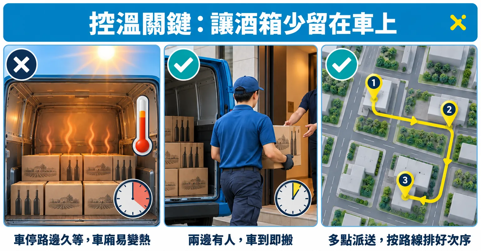紅酒運送控溫示意圖:車停路邊久等令車廂變熱;取貨和收貨兩邊有人、車到即搬;多點派送按路線排好次序,讓酒箱少留在車上