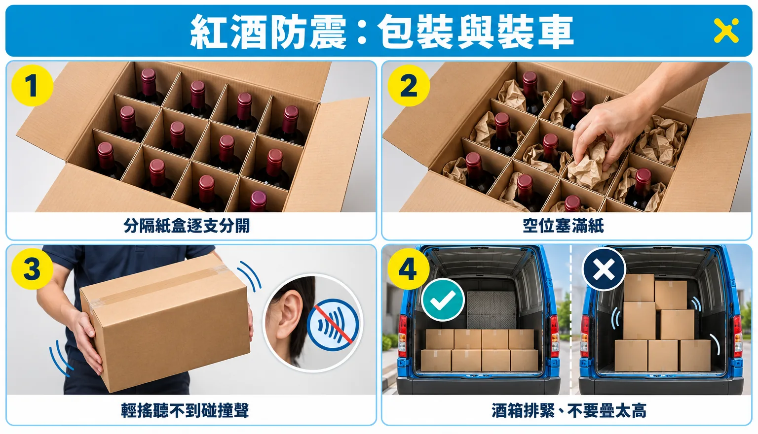 紅酒包裝防震與裝車示意圖:散裝酒瓶用分隔紙盒逐支分開、空位塞滿紙、輕搖聽不到碰撞聲;酒箱在車廂內排緊、不要疊太高