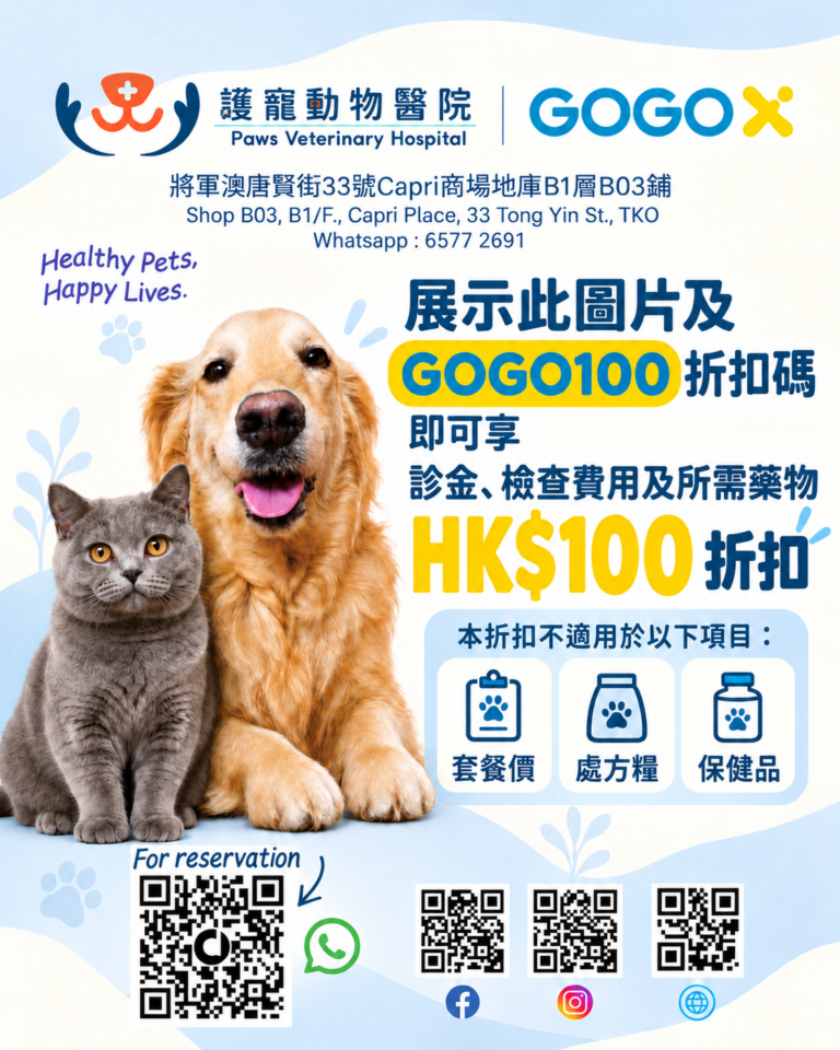 護寵動物醫院同 GoGoX 標誌並列嘅優惠宣傳圖:一隻金毛尋回犬同一隻灰色短毛貓並排,旁邊寫住展示 GOGO100 折扣碼可享診金、檢查費用及所需藥物之 HK$100 折扣,並列明套餐價、處方糧及保健品不適用