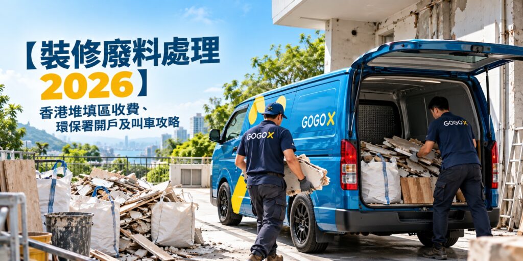 兩名 GoGoX 工作人員把碎磚及木板等裝修廢料搬上貨 Van